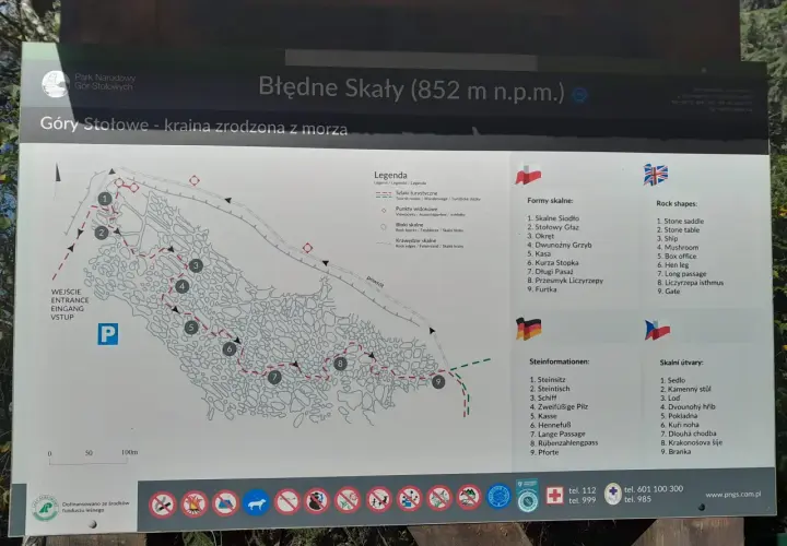 Mapa Błędnych Skał, labiryntu skalnych formacji w Górach Stołowych. Zobaczysz tu ścieżki, punkty widokowe i nazwy formacji, np. "Kurza Stopka".