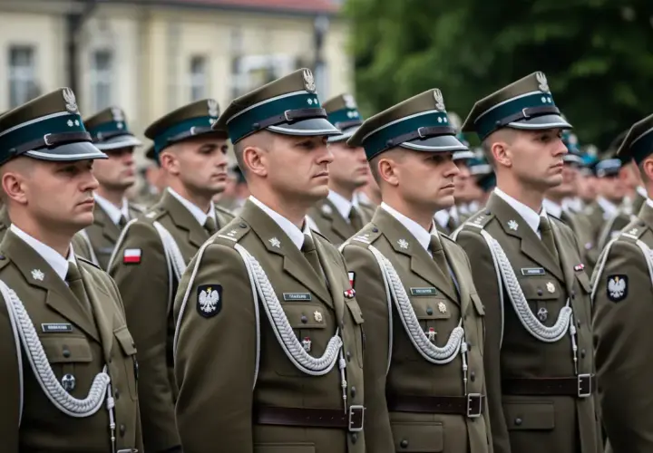 Żołnierze w mundurach, z orzełkami na czapkach. Ich stopień komandora w marynarce to odpowiednik.