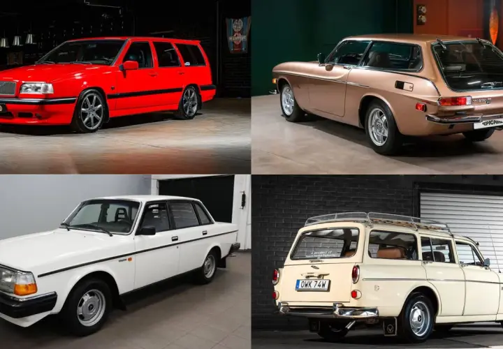 Fyra klassiska Volvo-modeller: en röd kombi, en brun coupé, en vit sedan och en beige kombi med takräcke. En samling av gammal Volvo i olika färger och utföranden.