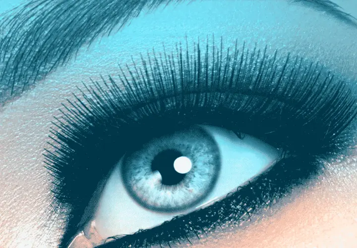 Ojo gris con pestañas largas y dramáticas, ideal para un maquillaje que resalte su belleza.