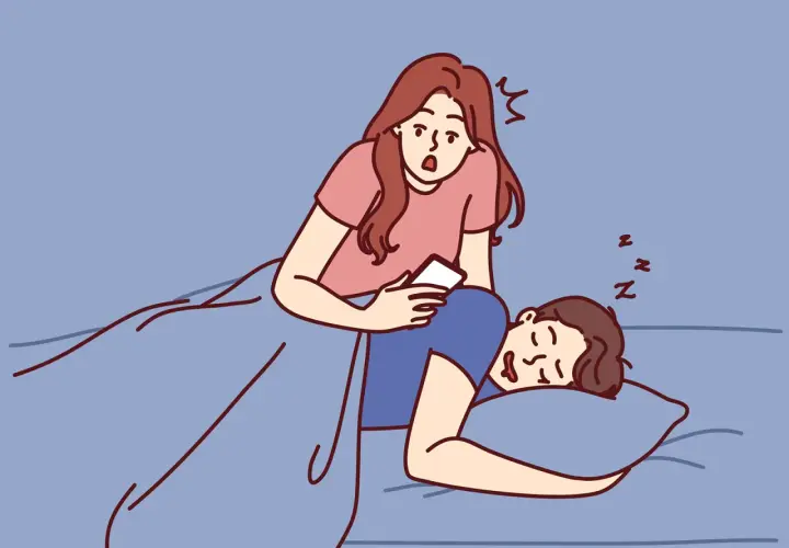 Donna sorpresa guarda il telefono mentre il partner dorme. Come gestire la gelosia in modo sano.