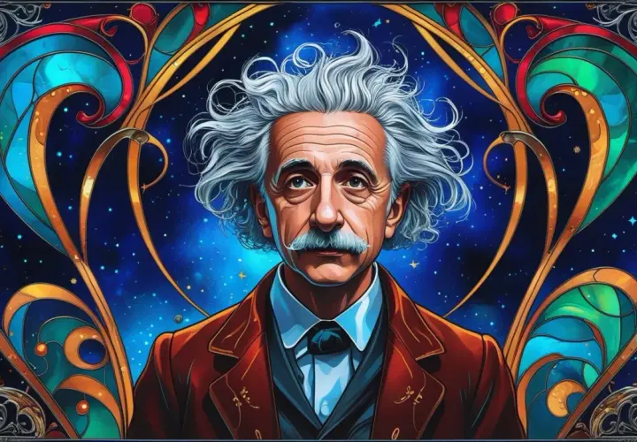 Albert Einstein w otoczeniu kosmicznych wzorów, przypominający, że zło nie istnieje, a jedynie brak wiedzy.