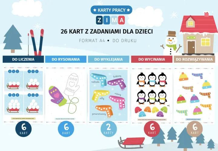 Zimowe karty pracy dla dzieci: liczenie, rysowanie, wyklejanie, wycinanie i rozwiązywanie zadań.