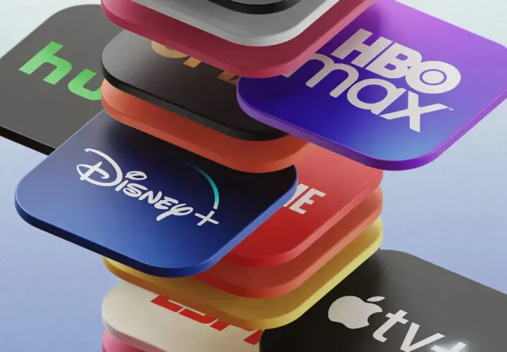 Stos ikon popularnych platform streamingowych: Disney+, HBO Max, Hulu, Apple TV+ i inne.