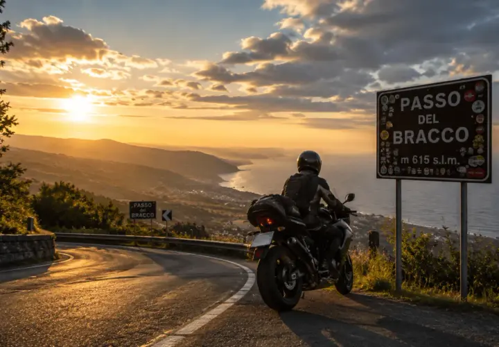 Motociclista ammira il tramonto sulle **strade panoramiche Liguria in moto**. Segnale del Passo del Bracco.