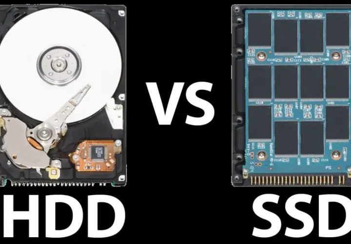 Vergleich von HDD und SSD, zwei Arten von netzwerkspeicher systemen. Die HDD zeigt eine rotierende Scheibe und einen Lese-/Schreibkopf, die SSD besteht aus vielen Speicherchips.