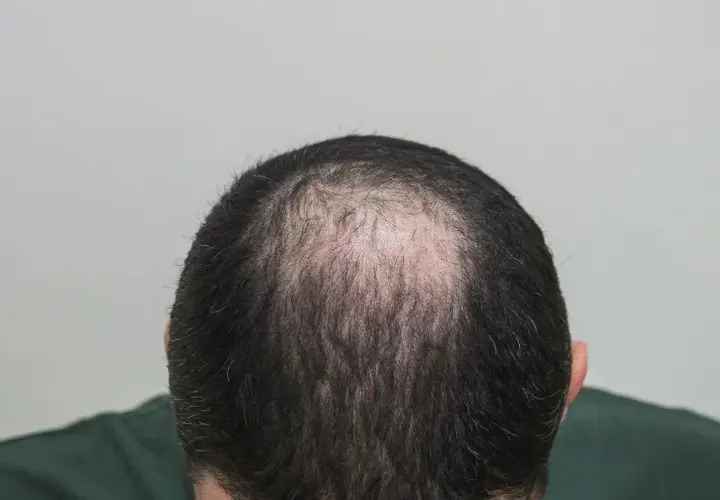 Vista superior de la cabeza de un hombre mostrando la pérdida de cabello, un ejemplo de alopecia androgénica que es común.