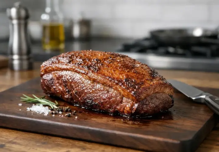 Picanha parfaitement rôtie, prête à être dégustée. Une recette portugaise qui promet saveur et tendreté.