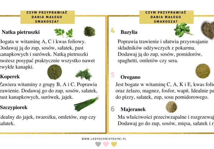 Jakie przyprawy dla niemowlaka? Natka pietruszki, koperek, bazylia, oregano, majeranek – zdrowe dodatki do dań malucha.