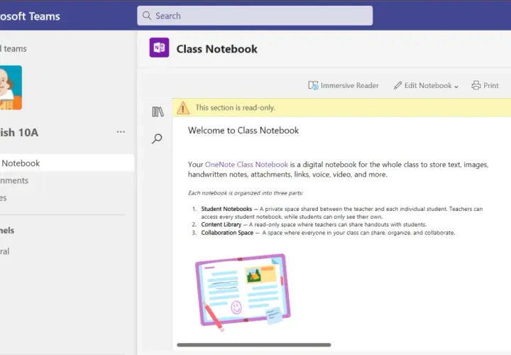 Klasa "English 10A" w Microsoft Teams, gdzie notatnik cyfrowy teems informacjami.