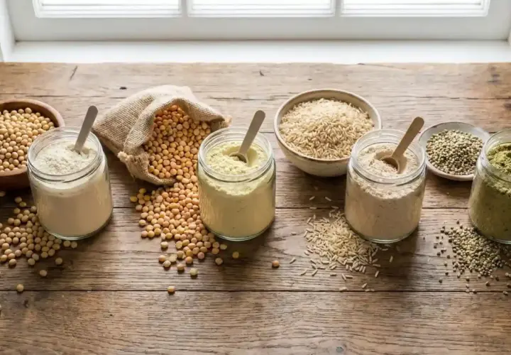 Tarros con polvos de proteína de guisante y otros ingredientes naturales. Descubre los proteína de guisante beneficios para tu salud.
