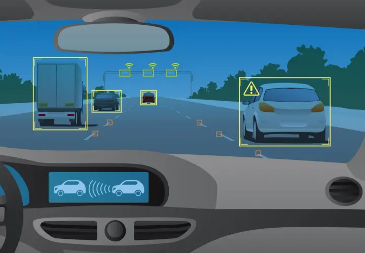 Vista dall'interno di un'auto con sistema ADAS attivo. Rileva camion, auto e segnali stradali, mostrando la sicurezza del futuro della guida.