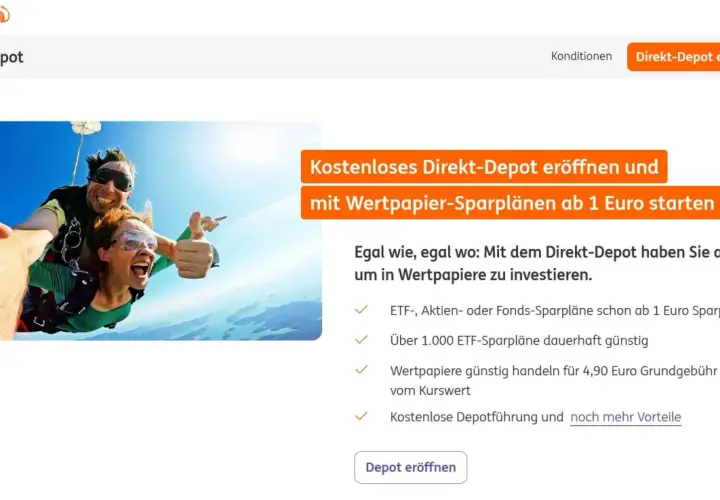Zwei glückliche Menschen beim Fallschirmspringen, die für ein kostenloses Direkt-Depot werben.