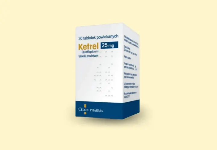 Opakowanie leku Ketrel 25 mg, zawierające 30 tabletek powlekanych. Stosowany w leczeniu schizofrenii i zaburzeń dwubiegunowych.
