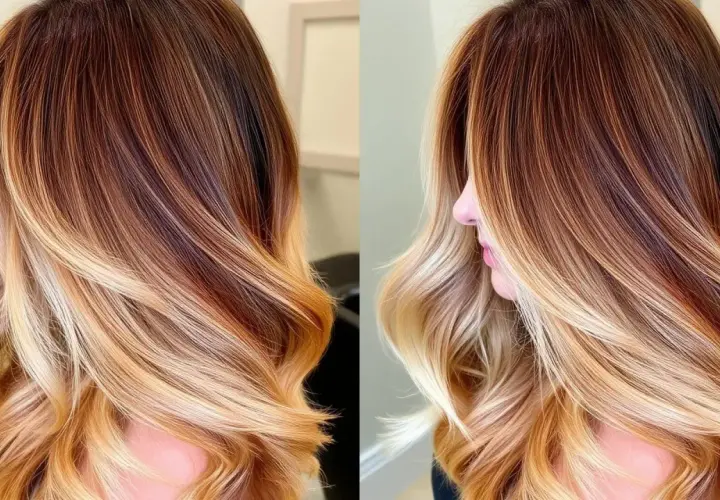 Vackert balayage ljust hår med varma toner som övergår från mörkare brunt till blonda slingor.