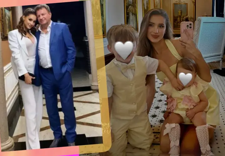 Marcin Rogacewicz z żoną i dziećmi. Rodzina w eleganckich strojach, gotowa na uroczystość.
