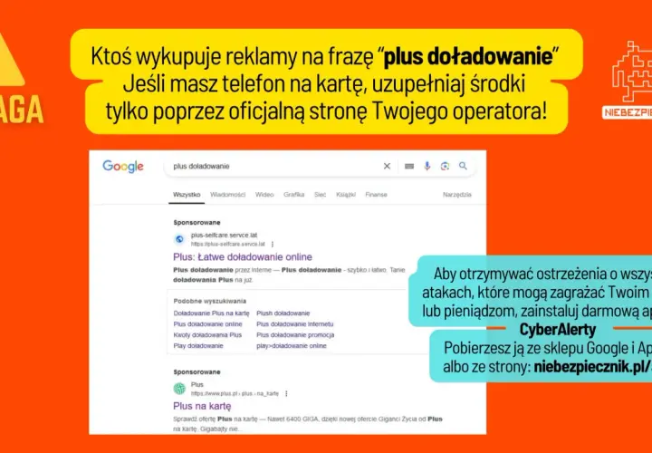 Ostrzeżenie przed oszustwami przy frazie "jak doładować konto Plus". Uzupełniaj środki tylko na oficjalnej stronie operatora.