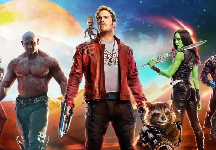 Strażnicy Galaktyki obsada: Star-Lord, Gamora, Drax, Rocket, Groot i Nebula gotowi do akcji.