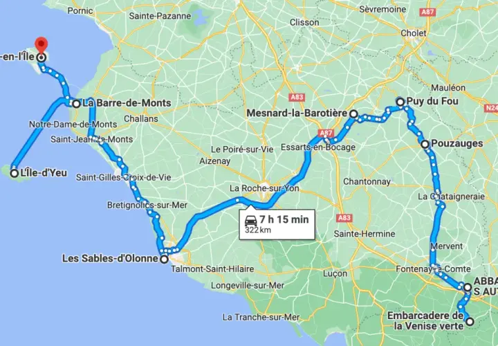 Itinéraire en camping-car en Vendée : de Noirmoutier à l'Abbaye de Nieul-sur-l'Autise, en passant par l'Île d'Yeu et le Puy du Fou. 322 km, 7h15.