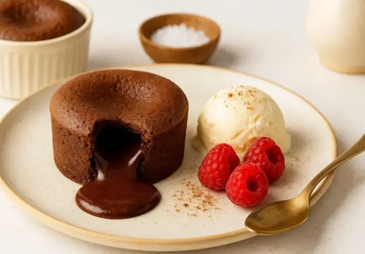 Un fondant au chocolat coulant, servi avec une boule de glace vanille, des framboises et une cuillère dorée. Un délice !