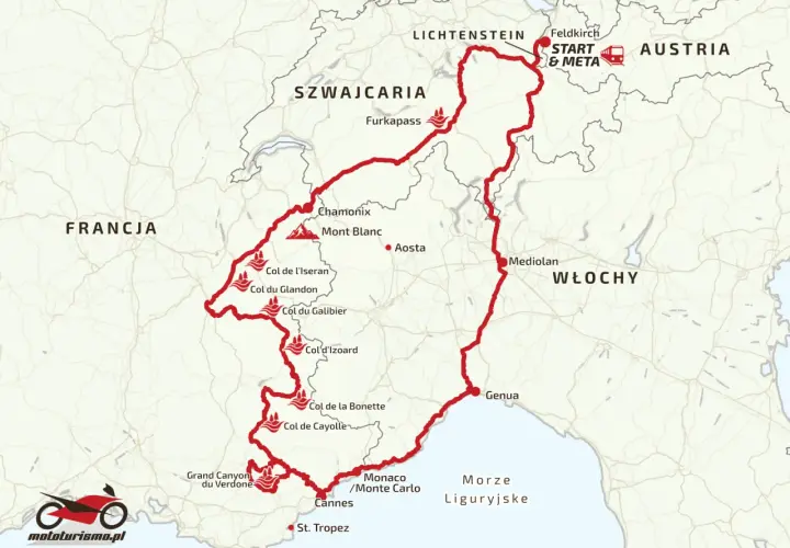 Mapa trasy motocyklowej przez Alpy, obejmująca Francję, Szwajcarię, Włochy i Austrię.