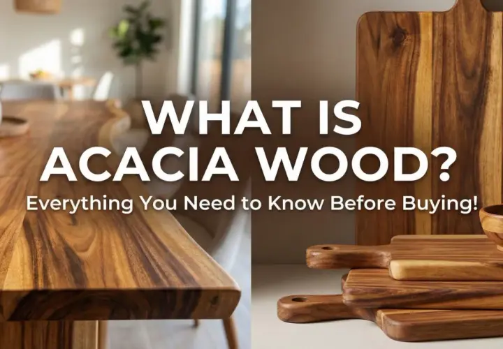 Beautiful acacia lumber forms a table and cutting boards, showcasing its rich grain. Learn all about acacia wood before you buy!