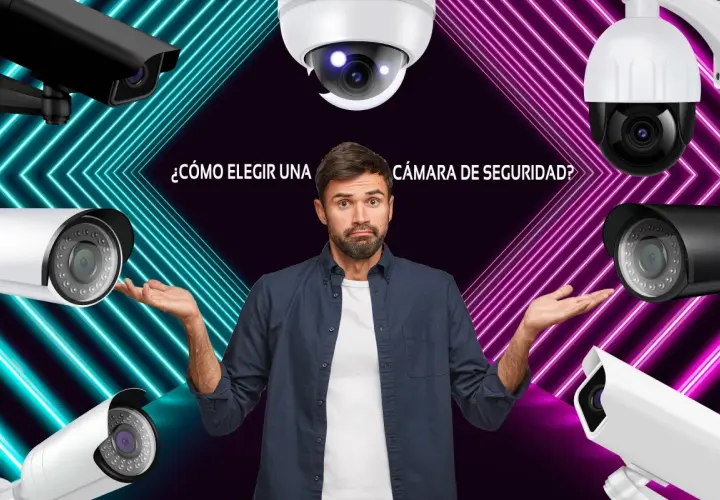 Hombre confundido rodeado de cámaras de videovigilancia IP. ¿Cómo elegir la cámara de seguridad perfecta?