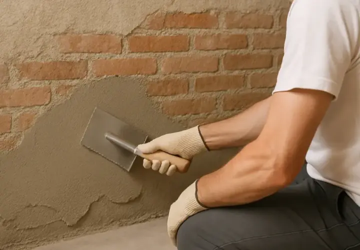 Man con guantes aplica revoque a pared de ladrillos, un paso clave para saber como quitar la humedad para siempre.