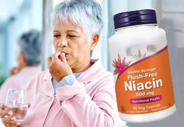 Mujer mayor toma una pastilla de niacina, que es vitamina B3 para que sirve en la salud.