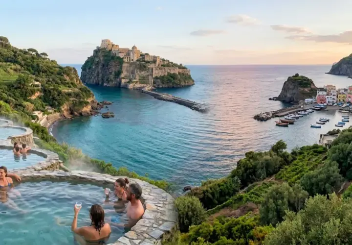 Coppie rilassate in piscine termali con vista sul mare e sul castello, un'immagine perfetta per il turismo a Ischia.