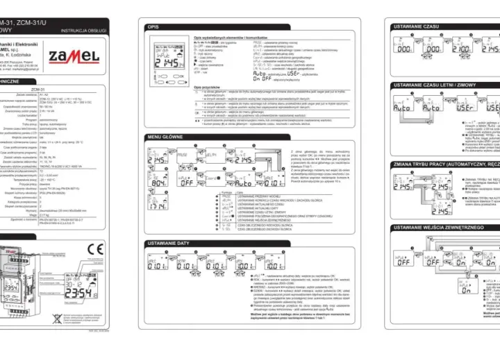 Instrukcja jak ustawić programator czasowy Zamel ZCM-31. Opisuje menu, ustawianie daty, czasu, trybu pracy i wejść zewnętrznych.