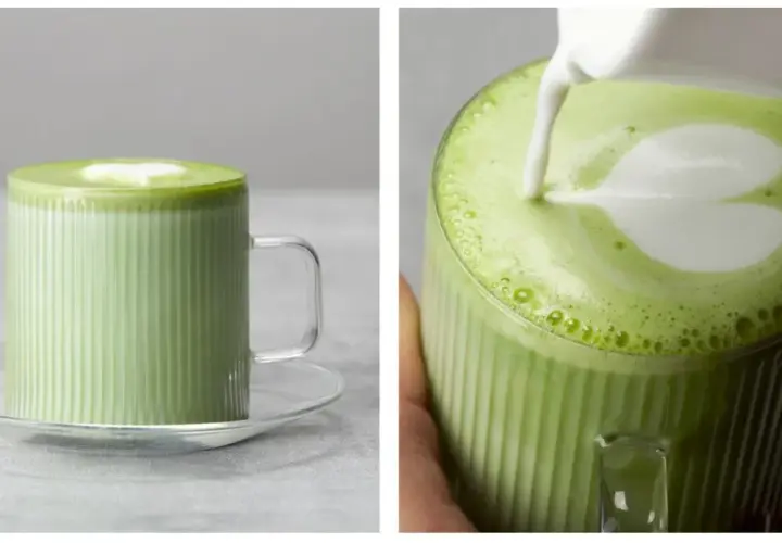 Zielony napój matcha w szklance z pianką w kształcie serca. Dowiedz się, jak zrobic matche i cieszyć się tym orzeźwiającym napojem.