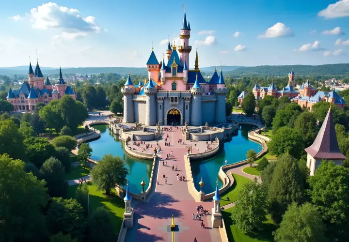 Bajkowy zamek w Disneylandzie, gdzie jest magiczne miejsce pełne ludzi spacerujących pośród zieleni i wody.