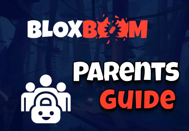 Grafika z logo "Bloxboom", ikoną rodziny z kłódką i napisem "PARENTS GUIDE".
