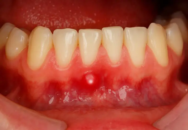 Una piccola bolla sulla gengiva, rossa e gonfia, vicino ai denti inferiori.