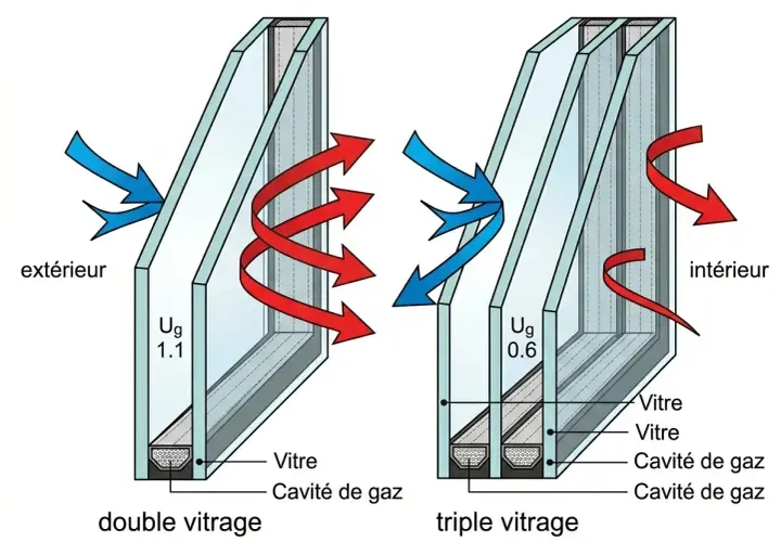 Comparaison double/triple vitrage : le triple vitrage, malgré son avantage thermique (Ug 0.6 vs 1.1), peut présenter un inconvénient de poids et de coût.