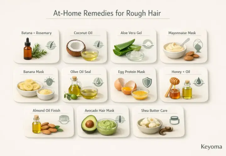 ¿Tengo el pelo como un estropajo? Remedios caseros: aceite de coco, aloe vera, mayonesa, plátano, aceite de oliva, huevo, miel, almendras, aguacate y manteca de karité.
