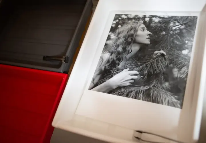 Kobieta w lesie na odbitce fotograficznej, która właśnie wyłania się z ciemni. Roztwór w ciemni fotograficznej czeka na kolejne etapy.