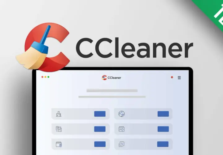 CCleaner 6: Logo mit Besen und Tablet-Ansicht, das die Benutzeroberfläche der Software zeigt. Ein grünes Banner mit "TEST" ist sichtbar.
