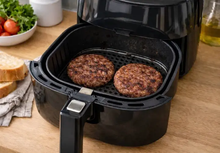 Due hamburger succulenti cuociono nella friggitrice ad aria, pronti per essere serviti con pane tostato e insalata.