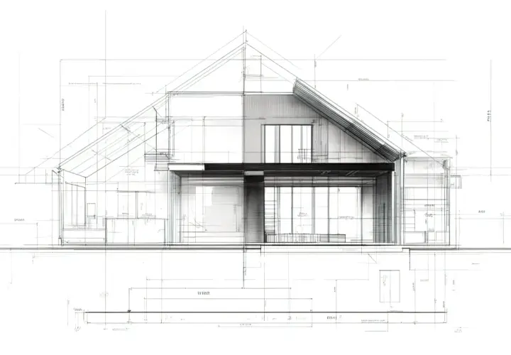 Szkic architektoniczny przedstawiający przekrój domu z widoczną elewacją frontową, wymiarami i detalami konstrukcyjnymi.