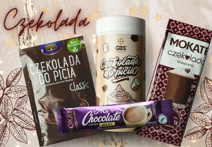 Zestaw produktów: czekolada do picia w saszetkach, słoik i opakowanie. Idealne na zimowe wieczory.