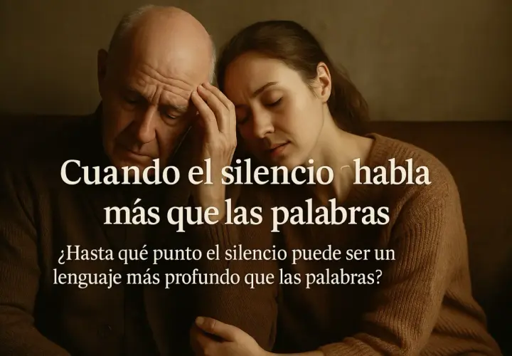 Un hombre y una mujer en silencio, con expresiones de profunda reflexión. El texto dice: "Cuando el silencio habla más que las palabras". Son indirectas frases de silencio que dicen mucho.