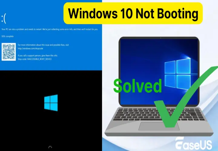 Niebieski ekran błędu Windows 10 z komunikatem "INACCESSIBLE_BOOT_DEVICE" obok laptopa z napisem "Solved" i zielonym zaznaczeniem.