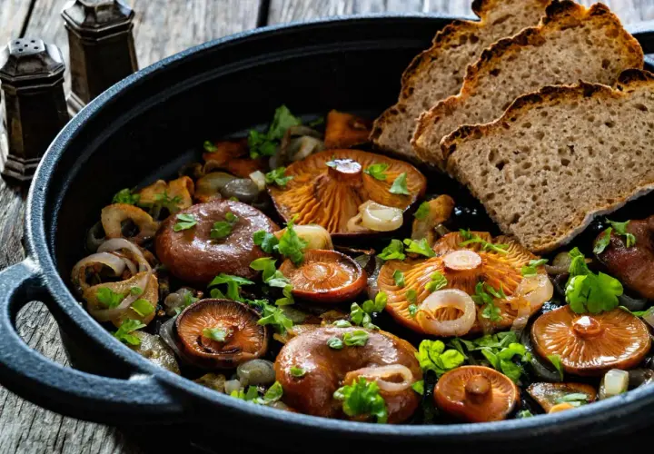 Niscalos salteados con cebolla y pan rústico, una de las mejores niscalos recetas.