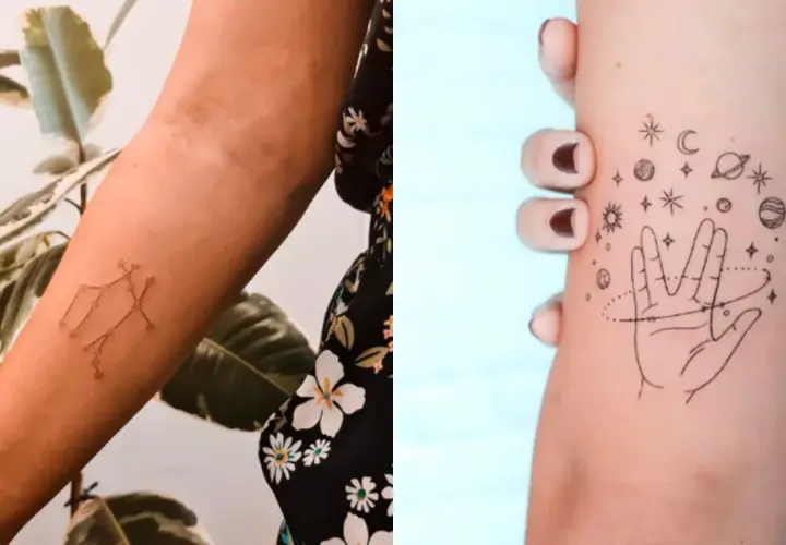 Delikatny tatuaż znak zodiaku Bliźniąt na przedramieniu. Obok tatuaż dłoni otoczonej gwiazdami i planetami.