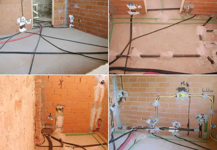 Instalacja gazowa w trakcie budowy. Widać przewody gazowe i elektryczne w ścianach i na podłodze.