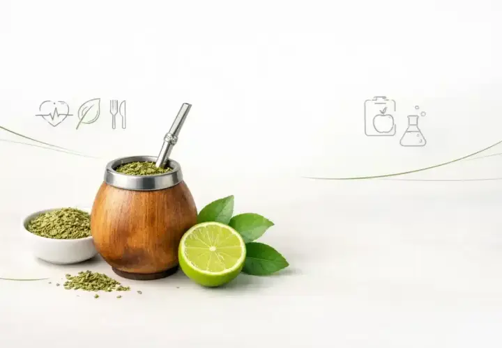 Drewniane naczynie z yerba mate, limonka i liście. Ikony symbolizują zdrowie i naukę, podkreślając zalety picia yerba mate.