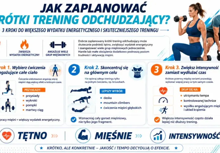 Krótki trening odchudzający: 3 kroki do większego wydatku energetycznego i skuteczniejszego treningu. Wybieraj ćwiczenia angażujące całe ciało, skupiaj się na głównym celu i zwiększaj intensywność.