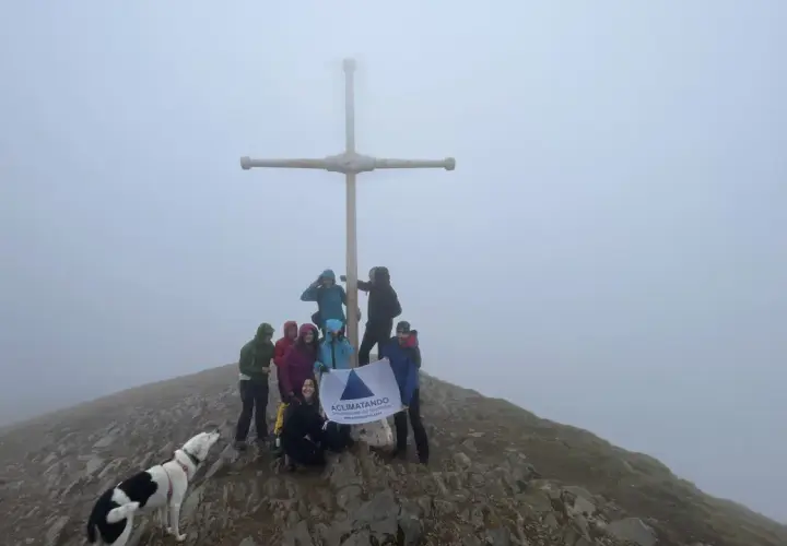 Grupo de montañistas celebra en la cima con un perro, bajo un gran taga y neblina.